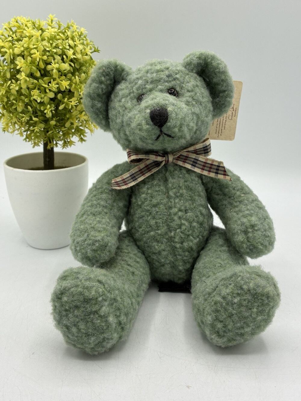 Vintage Russ Berrie Frizzlin Teddy Bear Sage Green Plush Plaid Bow Tag